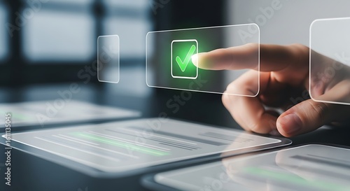 Human finger tapping on a glowing green checkmark icon within a transparent digital interface, signifying approval.