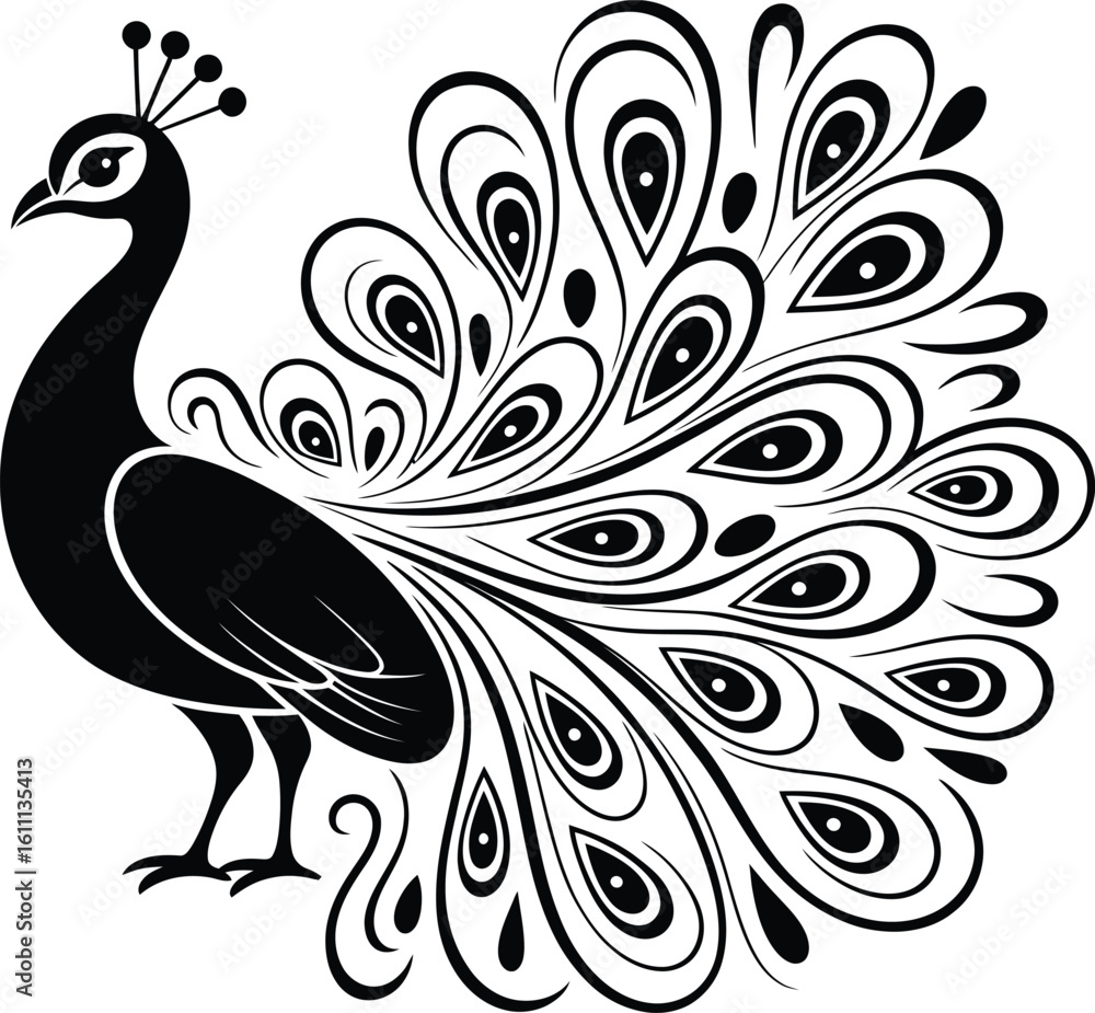Fototapeta premium Elegant Black and White Peacock Vector Art Design for Tattoos, Prints, and Decor
