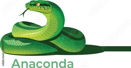 Anaconda Illustration: An artistic illustration of a vibrant anaconda, with striking green scales and a flicking tongue, slithering with an air of stealth and power.