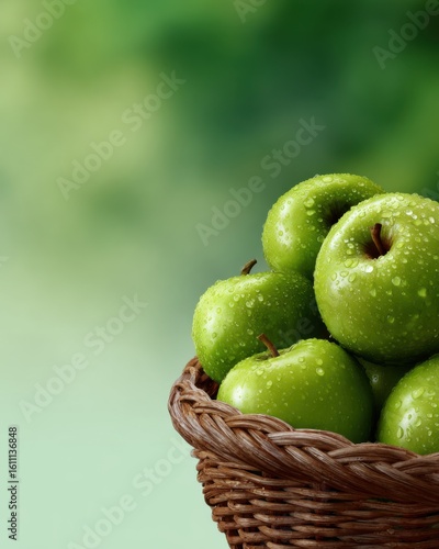 A basket of green apples, close-up shot with water droplets on the apple surface, solid color background, light green gradient background, commercial photography, rendering. 