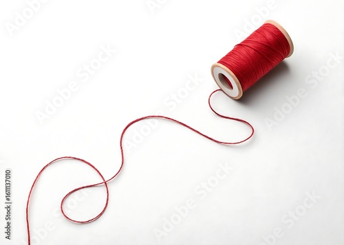 Single red thread curled into spiral on white surface