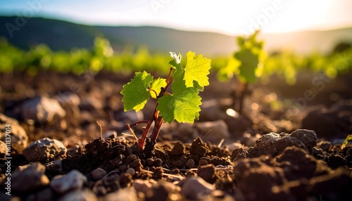 Emerging vineyards bathed in sunlight symbolising growth and viticulture