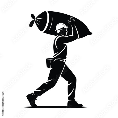 Construction worker carrying heavy bag silhouette isolated on white background