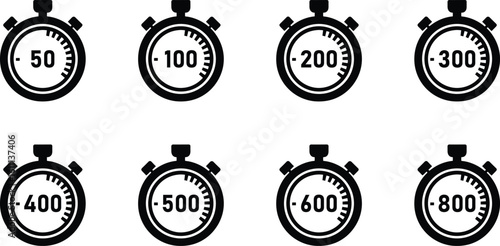 Minimal black stopwatch icons with time intervals from 50 to 800 seconds on white background for timer ui or infographics
