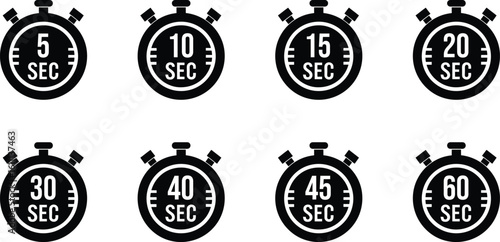 Stopwatch icons showing seconds from 5 to 60 in 5-second steps, minimal timer symbol set for digital ui or infographics