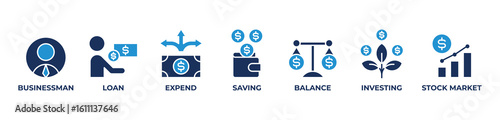 Smart Financial Growth Icons set vector illustration blue with  Businessman, Loan, Expend, Saving, Balance, Investing, Stock market