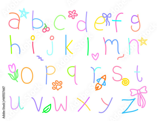 Hand-drawn vector lowercase alphabets in colors,  doodles like ribbons, bows, flowers, rocket, animal paw, heart, star, cherry, and leaves. pastel color, invitation, typography, kids theme, clipart.
