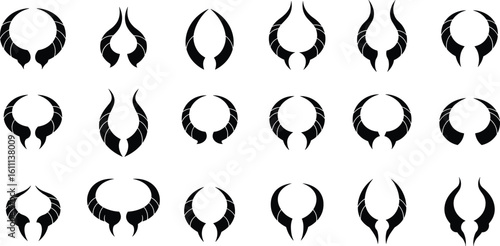 Black tribal horn logo set, fantasy horns silhouette collection, abstract demon horn icons, vector gothic symbols, evil horn design elements, graphic tattoo art