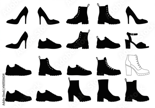Collection of shoe silhouettes featuring heels boots sneakers and sandals