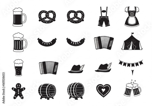 Collection of oktoberfest symbols in black and white illustration