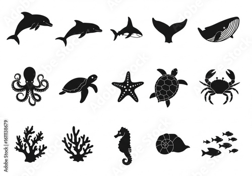 Collection of black silhouette marine animals and coral reef elements