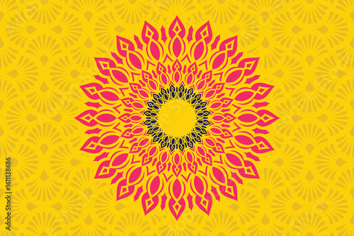 Colorful Mandala Design on Yellow Background – Decorative Indian Floral Ornament Vector