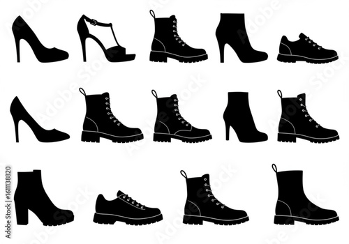 Collection of black shoe silhouettes isolated on white background