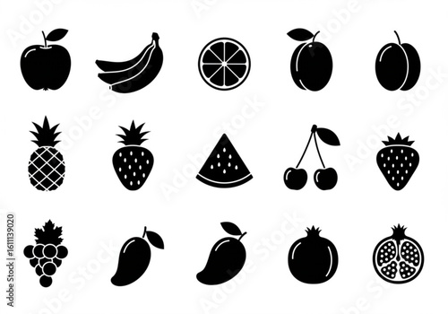 Collection of black and white fruit icons on a white background