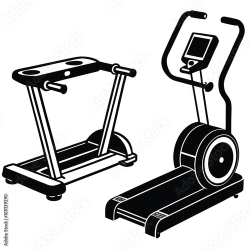 Flat Style Illustration of a Treadmill and Exercise Bike on White Background