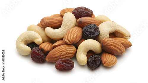Fototapeta Naklejka Na Ścianę i Meble -  A colorful assortment of various nuts and dried fruits on a white background.