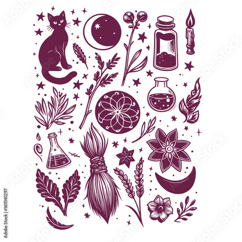 Black and white hand drawn vector set of occult icons including talismans, black cats, brooms, crystal balls, herbs, isolated esoteric illustrations