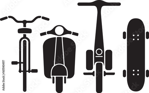 Black silhouette icons of bicycle scooter electric scooter and skateboard