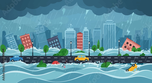 Vector Illustration of Urban Flood Disaster – Cartoon City with Skyscrapers and Cars in Water, Flat Style Web Banner