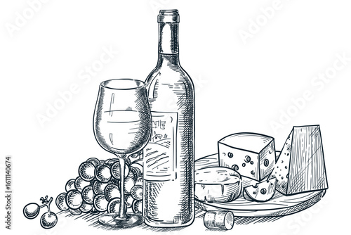 Vector hand drawn sketch illustration of wine bottle, glass, grapes, and cheese plate. Elegant style perfect for menu, winery packaging, wine bar, gourmet branding and promotional design