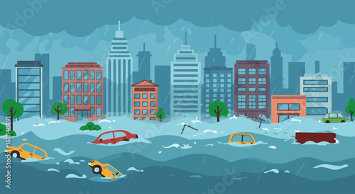 Vector Illustration of Urban Flood Disaster – Cartoon City with Skyscrapers and Cars in Water, Flat Style Web Banner
