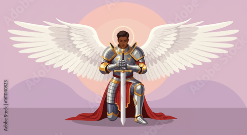 Vector Illustration of a Winged Knight Angel Kneeling with Sword – Heroic Fantasy Design