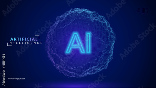 Ai Sphere Background. Abstract  3d Tech Bg For Artificial Intelligence And Big Data Concept. Conference Cover With Gradient Light And Modern Pattern. Blue And Purple Ai Sphere Background.
