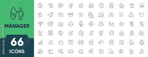 Vacation and Leisure Line Icon Set. Set of 66 outline icons featuring travel, relaxation, tourism, adventure, beach, fun activities, and entertainment. Editable stroke. Linear vector illustration.