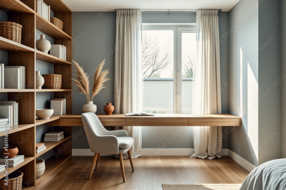 Fototapeta premium A modern, minimalist home office features a built-in wooden desk and shelving unit alongside large windows draped with sheer curtains, creating a bright and serene workspace.