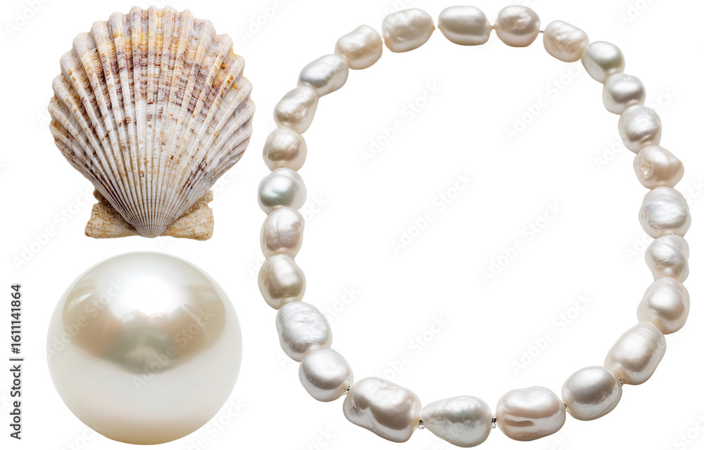 Obraz premium Beautiful collection of natural ocean treasures featuring scallop shell, lustrous pearl, and delicate pearl necklace. These items evoke sense of elegance and beauty of sea