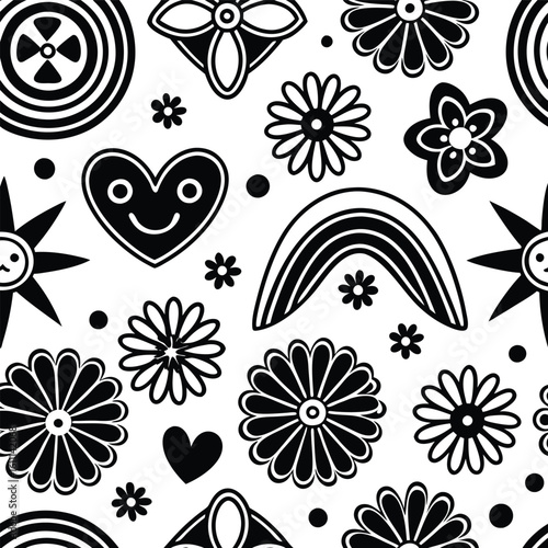 Groovy and Hip Seamless Pattern with Positive Vibes