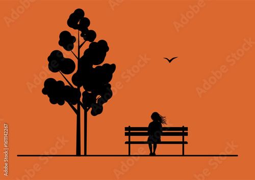 Woman sitting alone on a park bench under a tree silhouette, contemplating with a single bird flying in the orange sky. Minimalist illustration expressing solitude and peace concept.