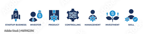 Startup Success Framework Icons set vector illustration blue  with Startup business, Investor, Product, Controlling, Management, Investment, Skill 