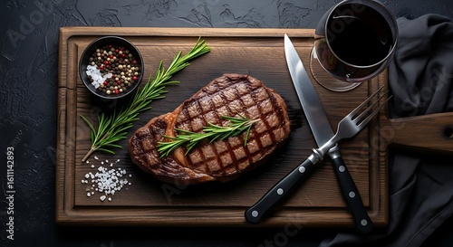 Juicy grilled steak with rosemary and seasoning on a wooden board