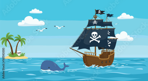 Adventurous Pirate Ship Sailing Near a Tropical Island with a Whale: Cartoon Illustration