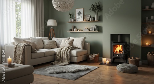 Cozy Modern Living Room Interior with Fireplace