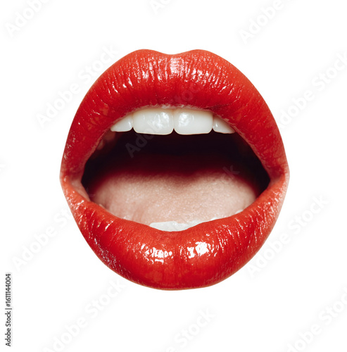 Open Mouth with Glossy Red Lips and White Teeth CloseUp.