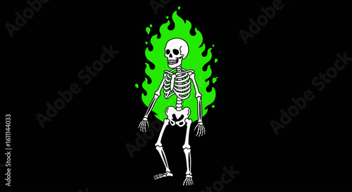 Skeleton Vector Illustration with Green Aura on Black Background – Streetwear Graphic Design
