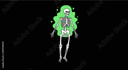 Skeleton Vector Illustration with Green Aura on Black Background – Streetwear Graphic Design