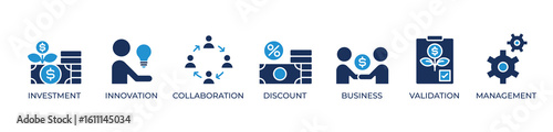 Innovative Business Growth Icons set vector illustration blue with Investment, Innovation, Collaboration, Discount, Business, Validation, Management