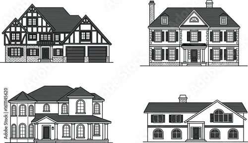 Collection of Detailed House Outlines: Diverse Residential Home Architecture Vector Illustrations for Real Estate, Property Development, and Suburban Living Designs, Grayscale CAD Drawing