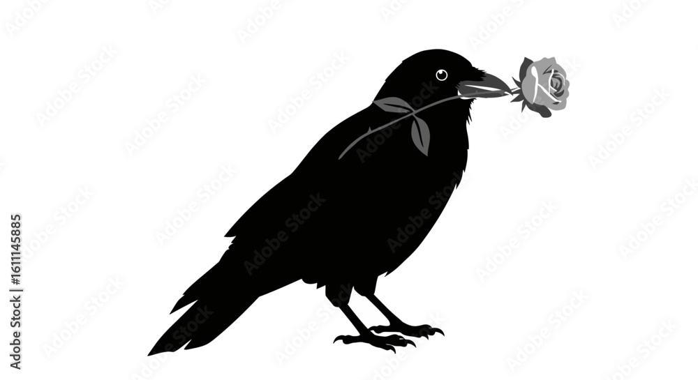 Obraz premium Vector Illustration of Raven Holding a Rose – Black and White Gothic Line Art Design