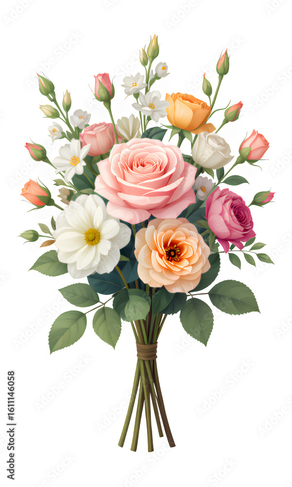 Fototapeta premium Pink Rose Bouquet with White and Orange Flowers, Watercolor Illustration with Transparent Background