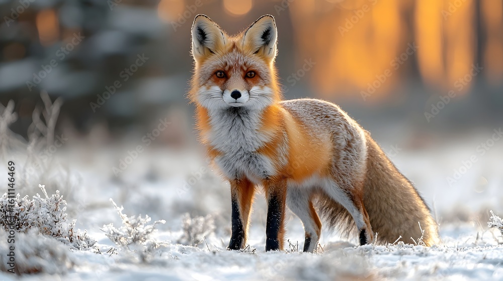 Alert fox standing in a snow covered forest Alert fox standing in a snow covered forest