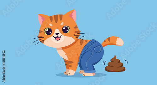 Vector Drawing of Cute Kitten in Jeans Pooping – Funny Cartoon Character for Humor Card Design