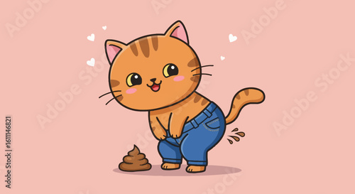 Vector Drawing of Cute Kitten in Jeans Pooping – Funny Cartoon Character for Humor Card Design