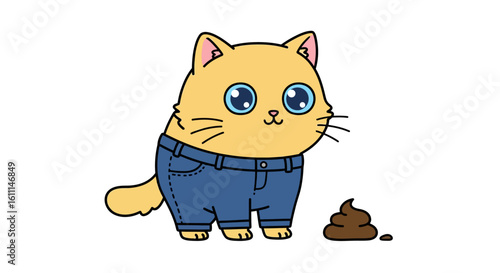 Vector Drawing of Cute Kitten in Jeans Pooping – Funny Cartoon Character for Humor Card Design