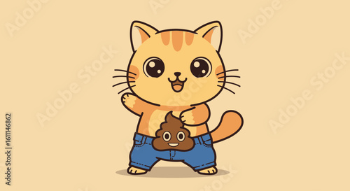 Vector Drawing of Cute Kitten in Jeans Pooping – Funny Cartoon Character for Humor Card Design