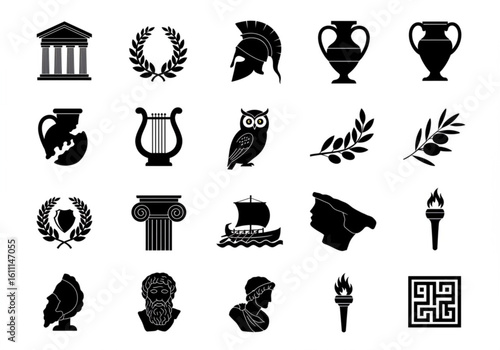 Collection of ancient greek symbols and icons in black silhouette