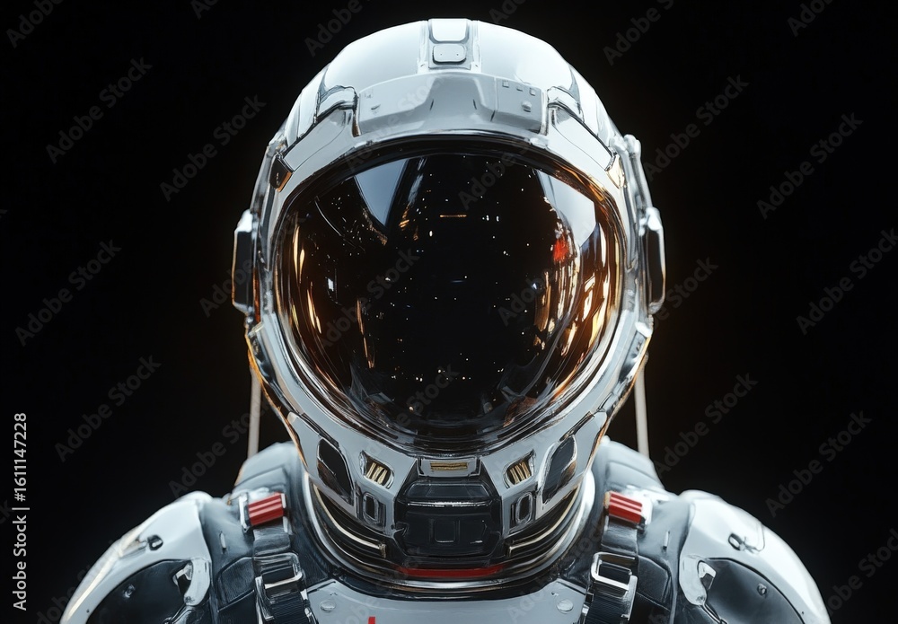 Fototapeta premium Full portrait of Caucasian female astronaut during spacewalk, black deep space background